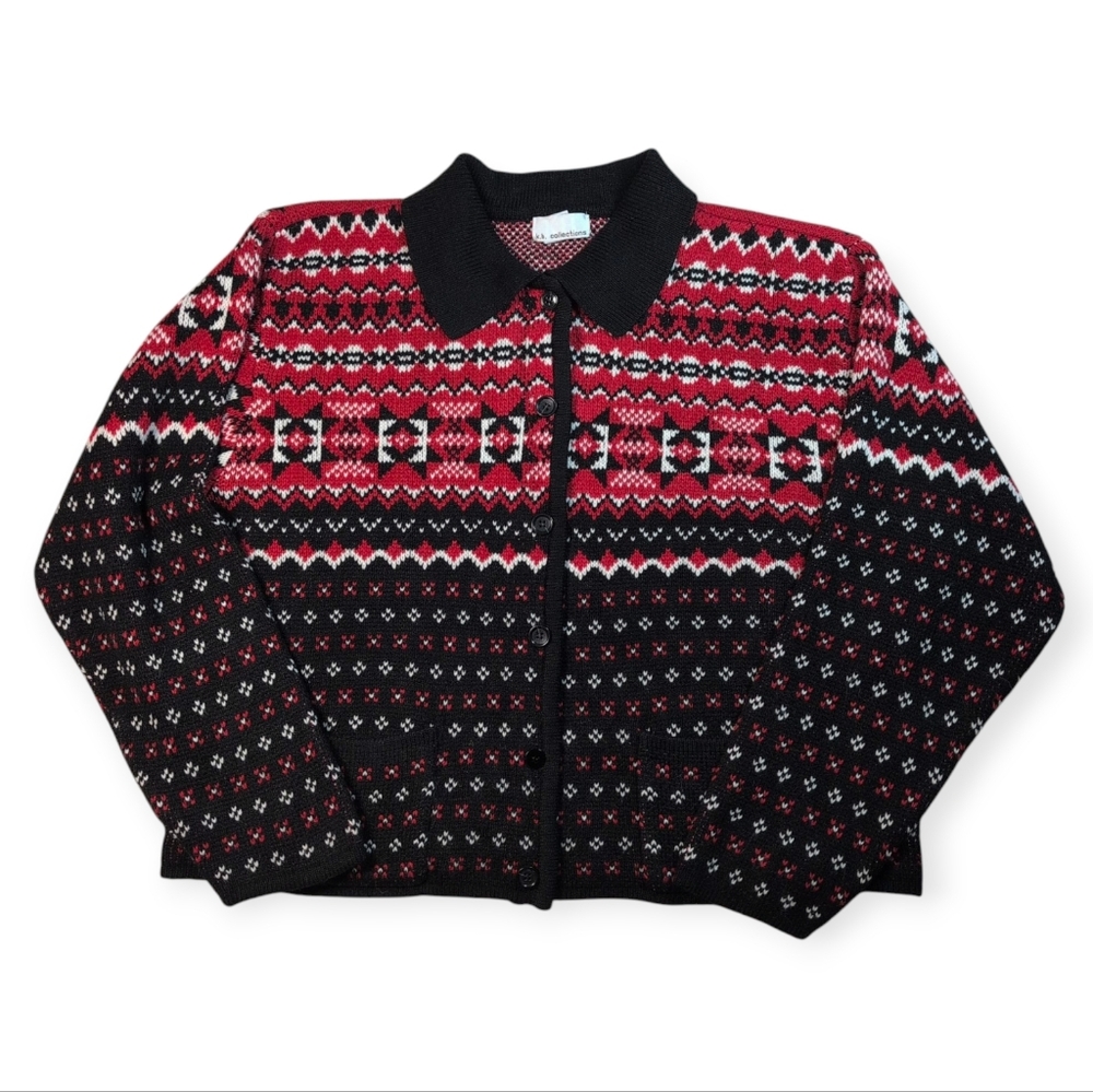 Fair Isle Nordic Sweater Women's L Red/Blk/White 80s 90s Retro Vintage Classic